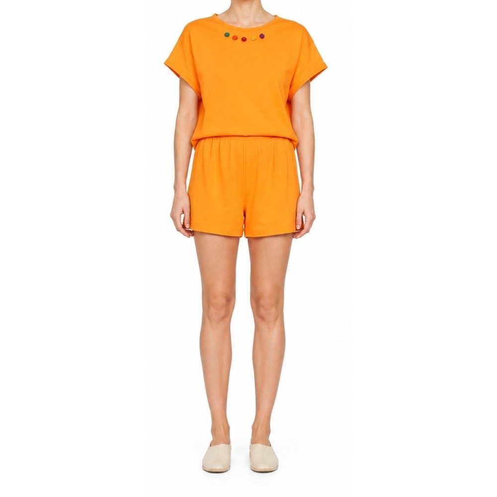 Eileen Fisher Size Petite Large PL Orange Short Sleeve Shirt & Short Set
